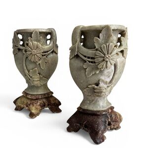Vintage Pair Chinese Hand-Carved Soapstone Bud Vases